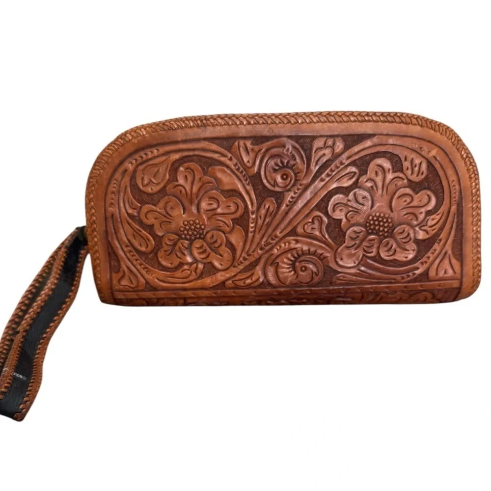 Vintage Circa 1960 Tooled Leather Brown Floral Clutch Wristlet